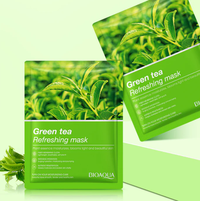 Green tea refreshing mask packaging with visible brand name on a green background
