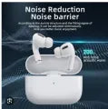 White earbuds with noise reduction feature labeled on a black background