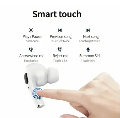 White wireless earbuds with touch controls demonstrated by a hand on a white background