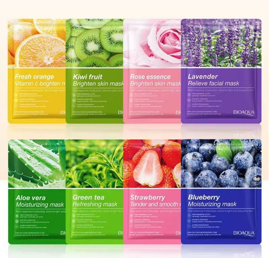 Collection of facial mask packages with various ingredients and colors on a white background