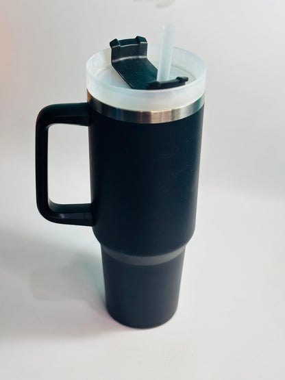 Black travel mug with a handle on a white background 40 oz stainless steel tumbler with straw and handle – leakproof insulated water bottle