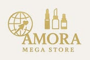Logo of Amora Mega Store with a globe and bottles on a white background