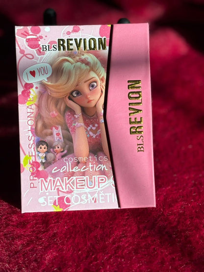 A pink BLs Revlon Princess Makeup Collection box featuring a cartoon princess design, placed on a bright red furry background.