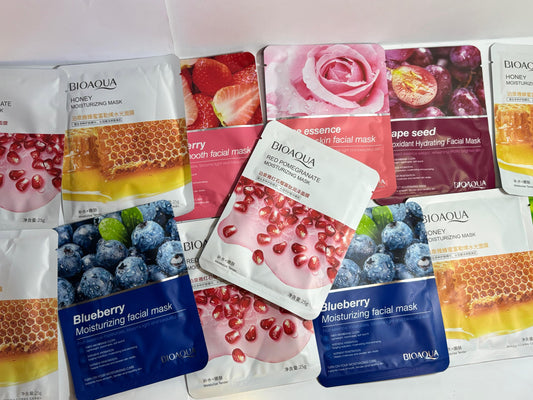 Bioaqua facial mask pack mix – strawberry, blueberry, honey, rose essence – hydrating, brightening, acne control, anti-aging – best quality skin care mask deal at best price in Pakistan

