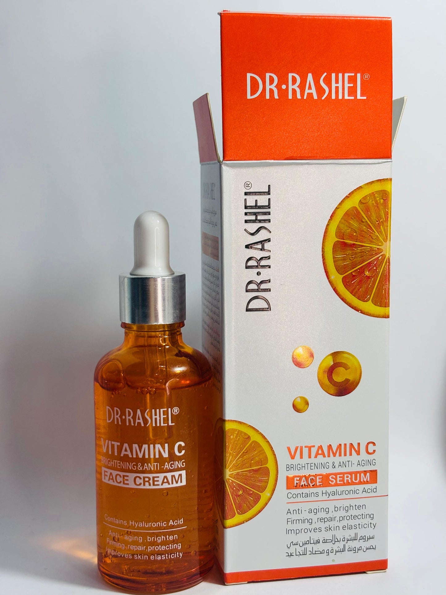 Dr. Rashel Vitamin C face serum bottle and packaging on a light gray background