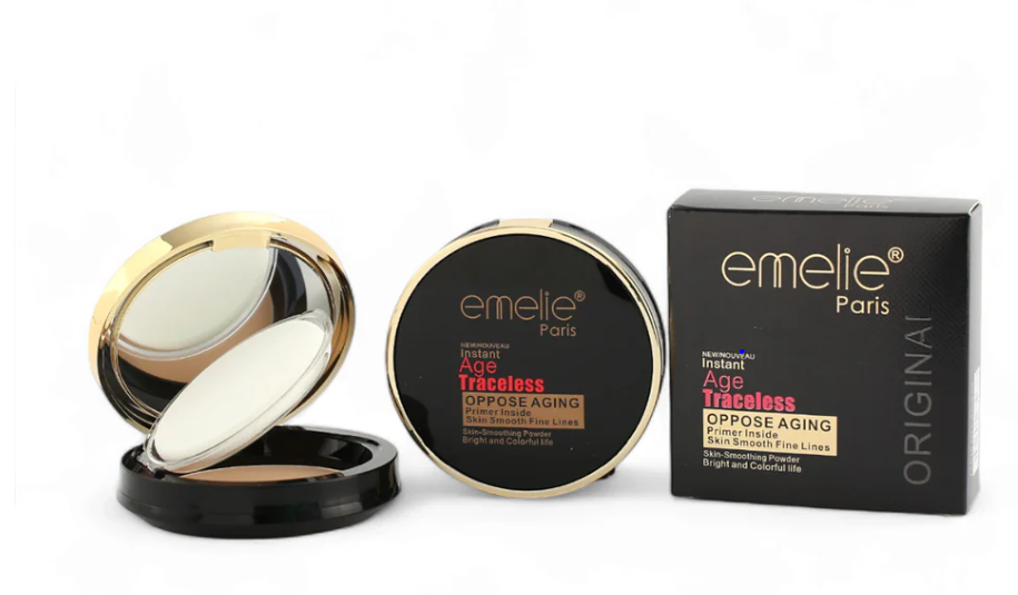 "Emelie Paris Instant Age Traceless compact powder displayed with an open compact, closed compact, and product box on a clean white background."