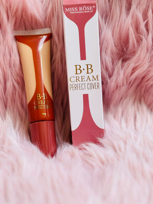 Miss Rose BB Cream Perfect Cover 40g tube on soft pink fur background – best BB cream for flawless makeup look in Pakistan, lightweight foundation alternative for natural coverage by Miss Rose Professional Makeup.
