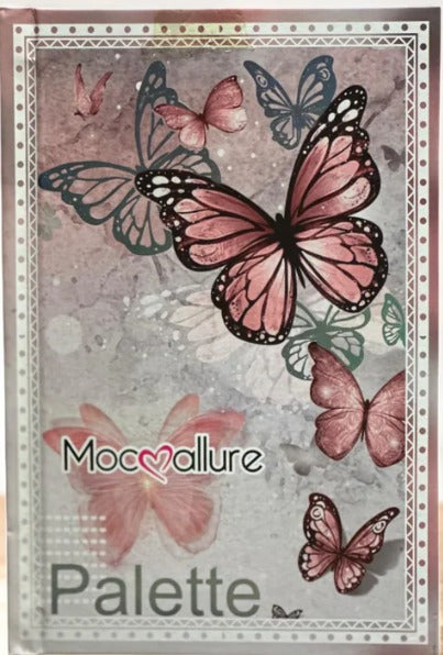 Front cover of Mocallure 5 in 1 Butterfly Makeup Palette featuring pink butterflies and elegant design