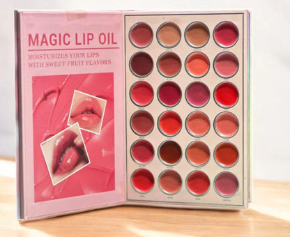 Mocallure 5 in 1 Palette lip oil section showing glossy moisturizing lip colors in multiple shades