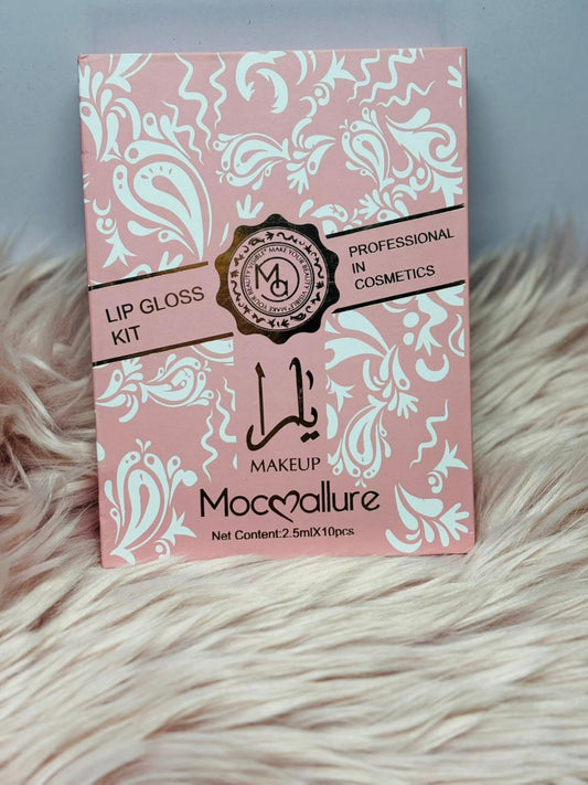 
“Mocallure Lip Gloss Kit – 10-shade makeup lip gloss set displayed on soft fur background.”

