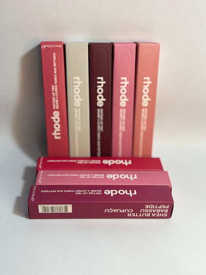 “Rhode Peptide Lip Tint collection – all shades including Espresso, Toast, Raspberry Jelly, Ribbon, Jelly Bean, and French Toast, hydrating peptide-infused lip care with glossy finish, cruelty-free clean beauty.