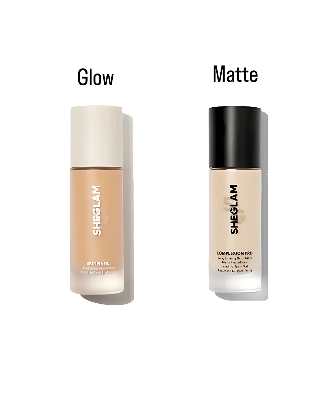 Two bottles of SHEGLAM foundation, one labeled 'Glow' and the other 'Matte', on a white background.