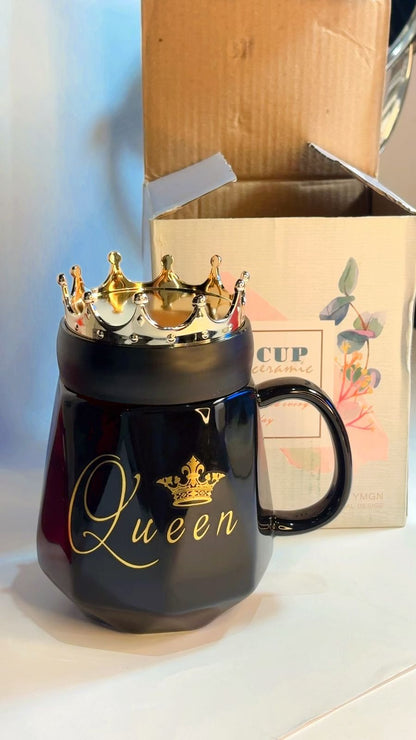 Luxury black and gold Queen mug with royal crown lid – perfect premium gift for her.”