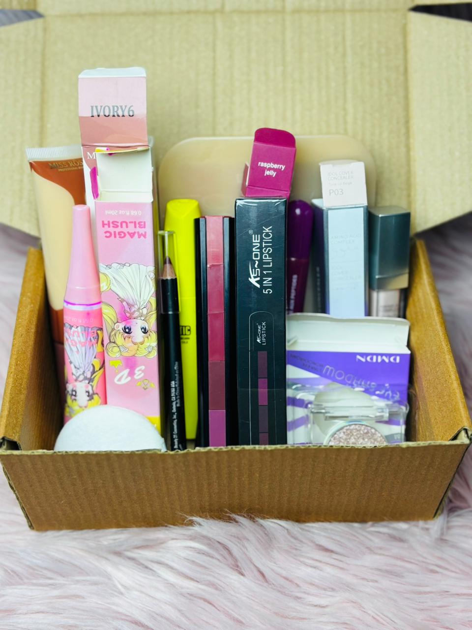 “Full makeup box featuring Miss Rose, Rhode, Tfit, and W7 beauty products – complete beginner-friendly makeup kit”
