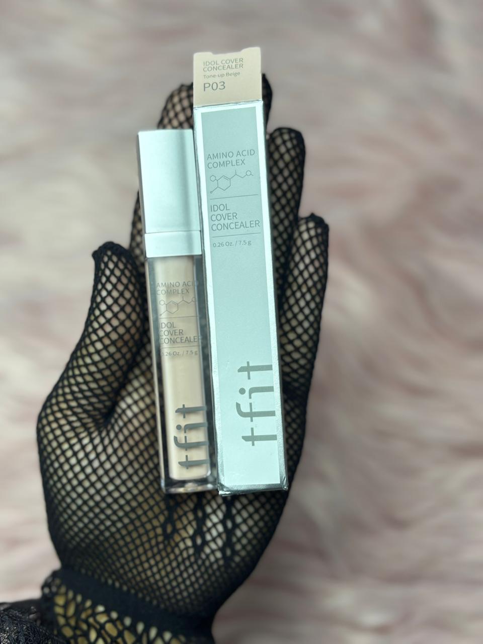 “Tfit Idol Cover Concealer P03 Tone-Up Beige – full coverage concealer with amino acid complex for bright, even skin tone”
